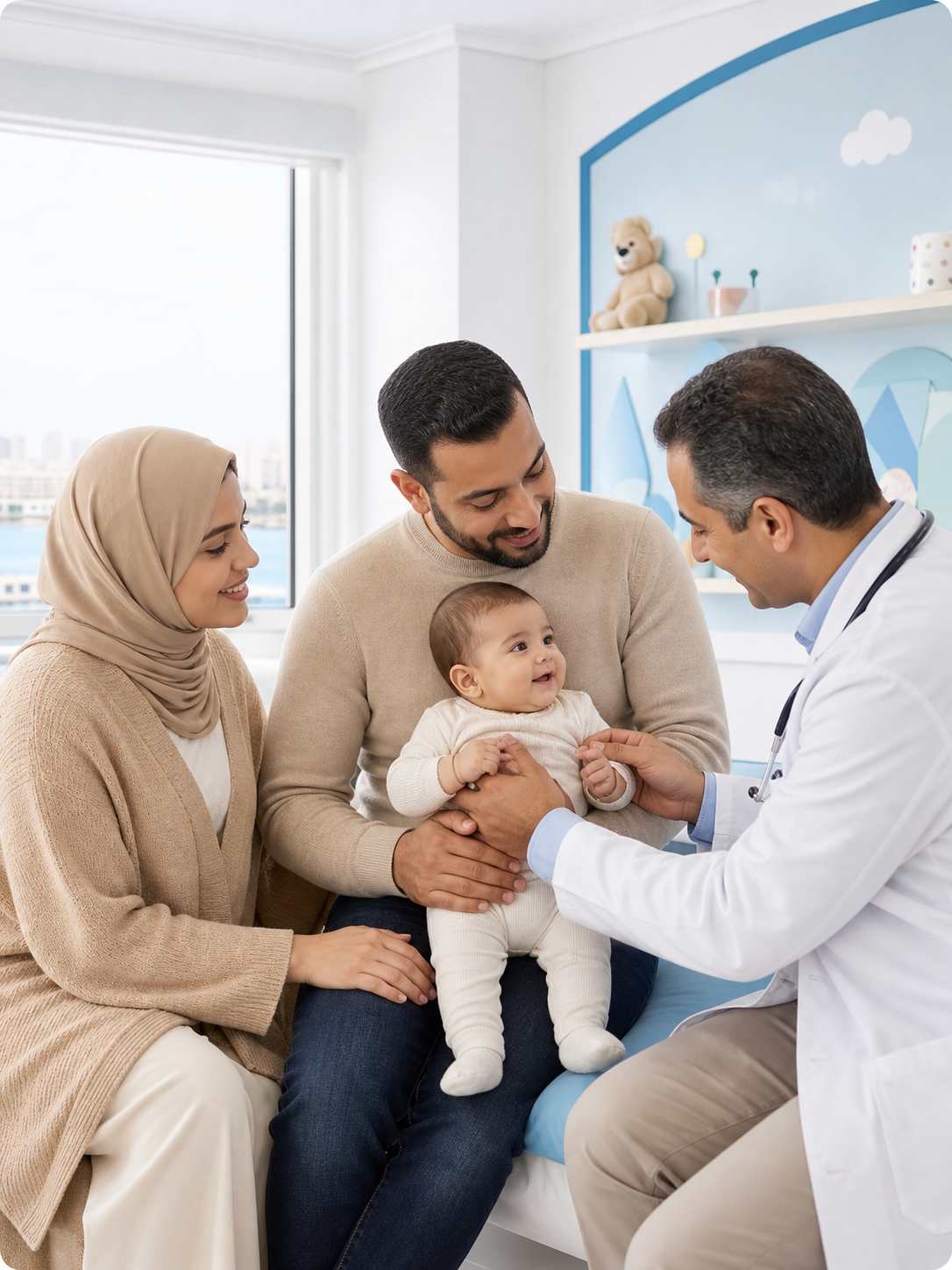 Egyptian parents attending an infant wellness check with a pediatrician
