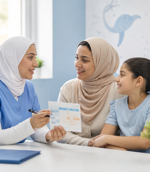 Egyptian mother and daughter discussing a childhood vaccination schedule with a pediatric nurse