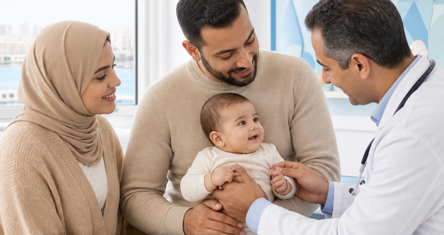 Egyptian parents attending an infant wellness check with a pediatrician