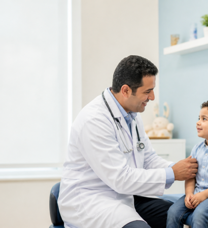 Egyptian pediatrician consulting with a mother and young child in a welcoming clinic